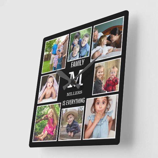 カスタム8フォトコラージュファミリーモノグラムブラック スクエア壁時計 (傾斜)