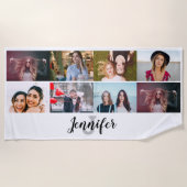 カスタム8フォトコラージュ名前をカスタムする&モノグラム ビーチタオル (正面)