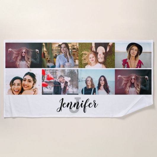 カスタム8フォトコラージュ名前をカスタムする&モノグラム ビーチタオル (正面)