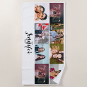 カスタム8フォトコラージュ名前をカスタムする&モノグラム ビーチタオル (正面)