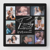 カスタム8フォトコラージュ家族ラブ引用文ブラック スクエア壁時計 (正面)