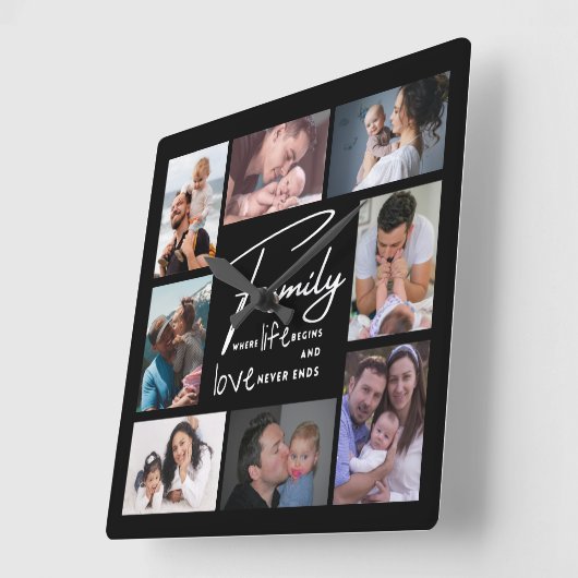 カスタム8フォトコラージュ家族ラブ引用文ブラック スクエア壁時計 (傾斜)