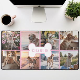 カスタム8フォトコラージュ犬の骨ペットピンク デスクマット