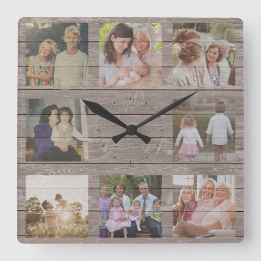 カスタム8フォトコラージュ素朴ファームハウス再生 スクエア壁時計 (正面)