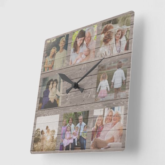 カスタム8フォトコラージュ素朴ファームハウス再生 スクエア壁時計 (傾斜)