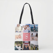 カスタム8フォトコラージュ赤面ピンモノグラムのク トートバッグ (正面)