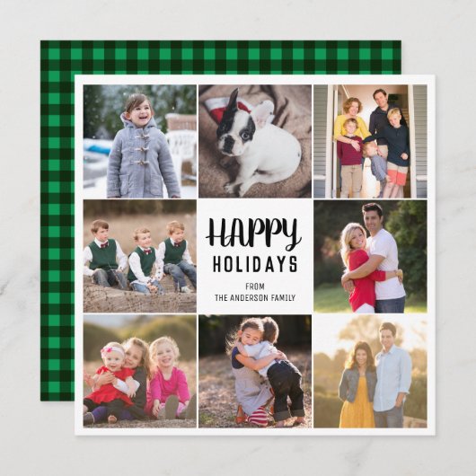 カスタム8写真ハッピーホリデイズグリーンジンガムプレイド シーズンカード (正面/裏面)