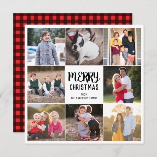 カスタム8写真メリークリスマス赤いギンガムプレイド シーズンカード (正面/裏面)