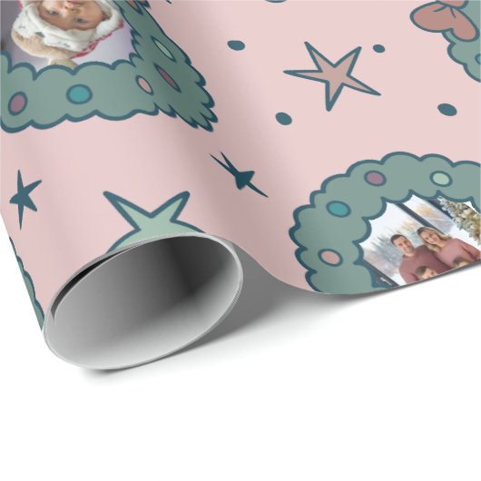 カスタム8枚フォトピンクのクリスマスラッピング紙 ラッピングペーパー (ロールコーナー)