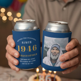 カスタム80歳の誕生日 青とゴールドの写真入り 缶クーラー