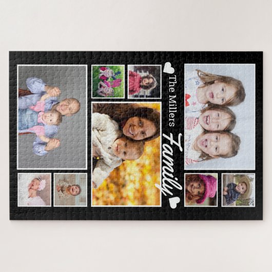 カスタム9フォトコラージュファミリー名1014 Pcs Black ジグソーパズル (横)