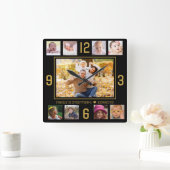 カスタム9フォトコラージュファミリー引用文ブラックアンド金ゴールド スクエア壁時計 (ホーム)