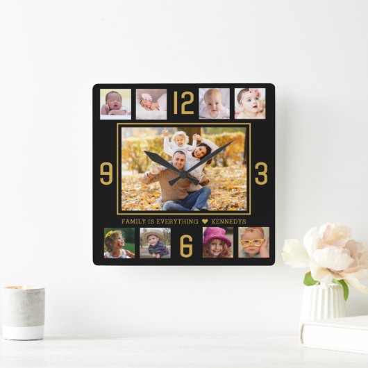 カスタム9フォトコラージュファミリー引用文ブラックアンド金ゴールド スクエア壁時計 (ホーム)