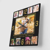 カスタム9フォトコラージュファミリー引用文ブラックアンド金ゴールド スクエア壁時計 (傾斜)