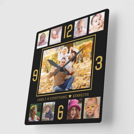 カスタム9フォトコラージュファミリー引用文ブラックアンド金ゴールド スクエア壁時計 (傾斜)