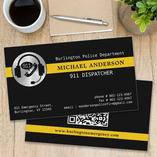 カスタム911 Dispatcherロゴシン金ゴールドラインQRコード 名刺