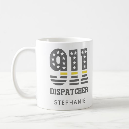 カスタム911 Dispatcher USAフラグ薄い黄色い線 コーヒーマグカップ (左)