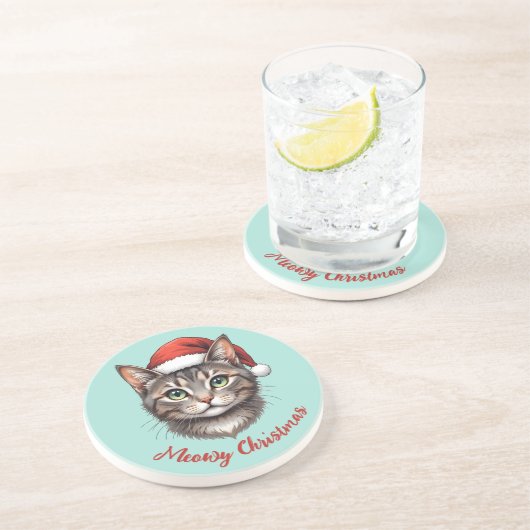 カスタム かわいい クリスマス ネコ サンタの帽子 コースター (側面)