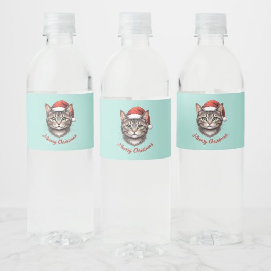 カスタム かわいい クリスマス ネコ サンタの帽子 ペットボトルラベル (ボトル)