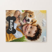 カスタム かわいい 子供 と 犬 パズル ペットの名前入り (横)