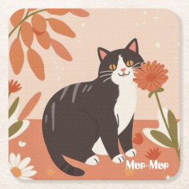カスタム かわいい 春の花の幸せな猫 スクエアペーパーコースター