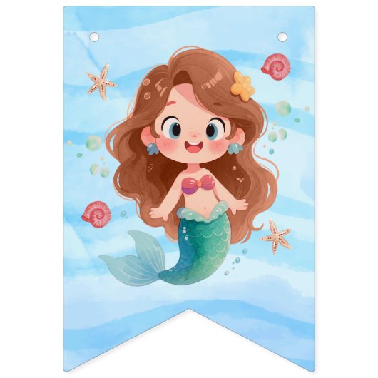 カスタム かわいい 水彩 人魚 海 誕生日 バンティングフラッグ (第1の旗)