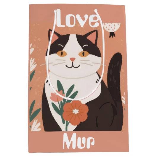 カスタム かわいい 猫 Mur と Love ミディアムペーパーバッグ (正面)