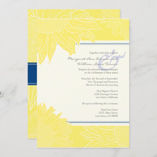 カスタム::ひまわりの結婚式の招待:ネイビーとイエロー 招待状 (正面/裏面)