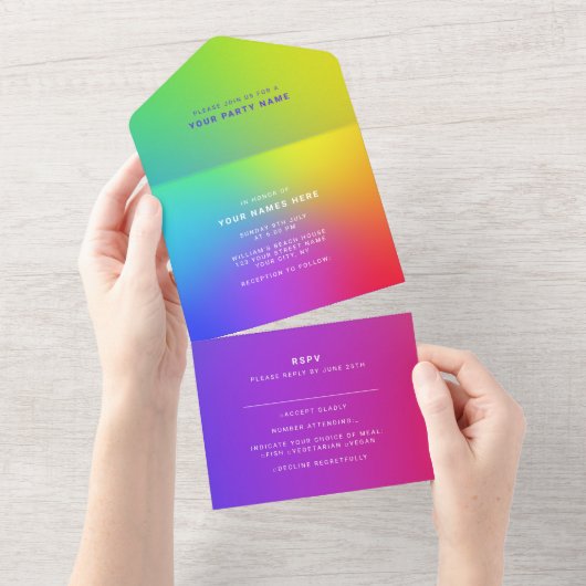 カスタム アイキャッチ レインボー モダン エレガント オールインワン招待状 (貼ってはがせる)
