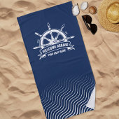 カスタム ウェルカム オンボード ネイビー シップホイール ブルー ビーチタオル