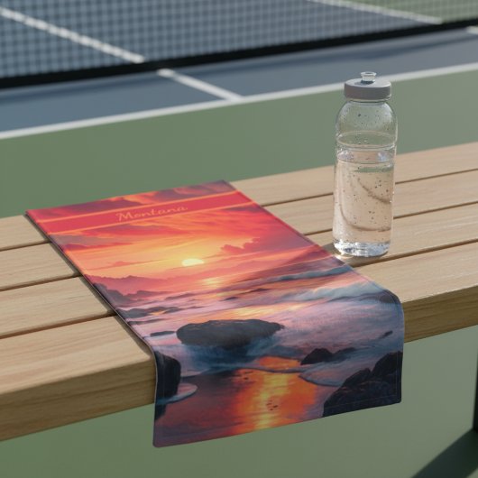カスタム オレンジ色の夕焼けの海岸 - 海の崖 スポーツ ハンドタオル