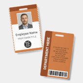 カスタム オレンジ モダン フォト 従業員名 バーコード バッジ (正面＆裏面)