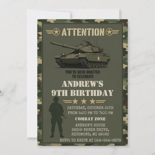 カスタム カモフラージュ 軍事 誕生日パーティー 招待状 (正面)