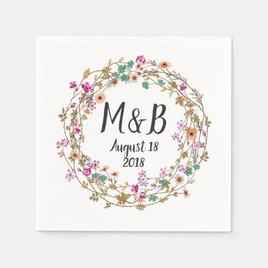 カスタム カントリー スタイル フローラル リース アート モチーフ スタンダードカクテルナプキン (正面)
