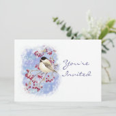 カスタム クリスマスパーティ ご招待 鳥 冬の実 招待状 (スタンド正面)