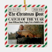 カスタム クリスマス フィッシング ギフト、新聞の漁師 セラミックオーナメント (正面)
