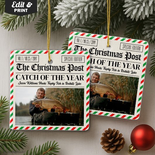 カスタム クリスマス フィッシング ギフト、新聞の漁師 セラミックオーナメント