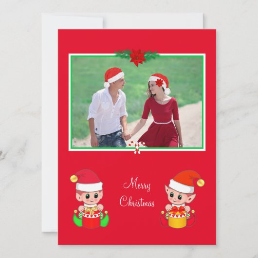 カスタム クリスマス 写真 & 赤い背景の可愛い妖精 (正面)