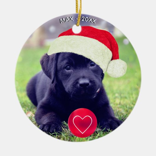 カスタム クリスマス 黒犬 写真 セラミックオーナメント (正面)