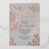 カスタム グレー ピンク エレガント フラワー ブルーミング パーティー 箔招待状 (正面)