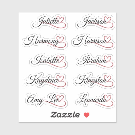 カスタム ゲスト リスト 10 名前 赤 カリグラフィー ハート シール (シート)