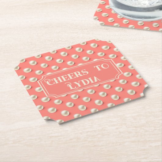 カスタム コーラル パール 「乾杯！[名前]へ」 ペーパーコースター (アングル)
