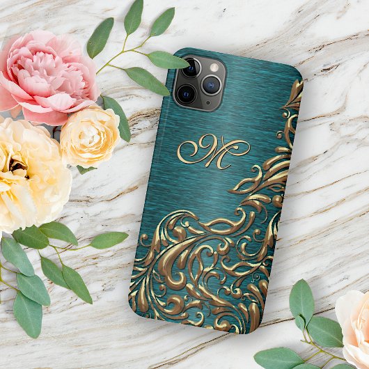 カスタム ゴールド ダマスク 花柄 ティール ブルー グリーン Case-Mate iPhoneケース