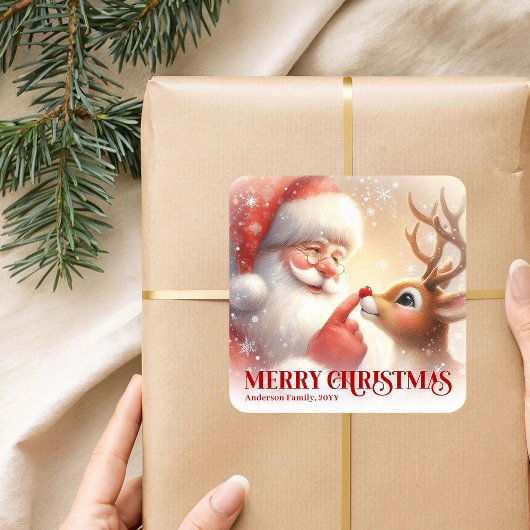 カスタム サンタとルドルフの楽しいクリスマスキッズ スクエアシール