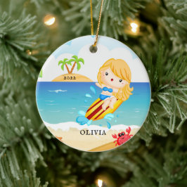 カスタム サーファー ガール クリスマス セラミックオーナメント