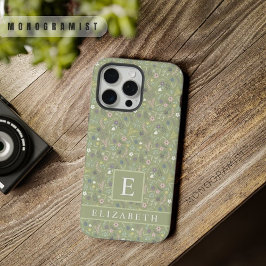 カスタム セージ オリーブグリーン 花 白 ピンクの花々 iPhone 15 PRO MAXケース