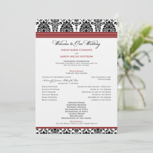 : カスタム: ダマスク織の黒くか赤い結婚式プログラム プログラム (スタンド正面)