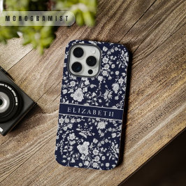 カスタム ダークネイビーブルー フローラル シルバー ホワイト フラワー iPhone 15 PRO MAXケース