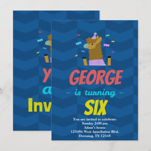 カスタム チャイルド ラマ お祝い カートゥーン 招待状 (正面/裏面)