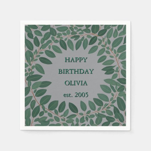 カスタム テキスト ユーカリ フレーム - グレー スタンダードカクテルナプキン (正面)